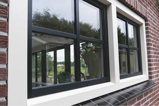 kunststof kozijn Zwarte ramen met witte omlijsting, uitzicht op een tuin.